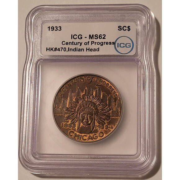 1933 Century of Progress Indian Head So-Called Dollar Medal HK-470 R3 MS62 ICG - Picture 1 of 4